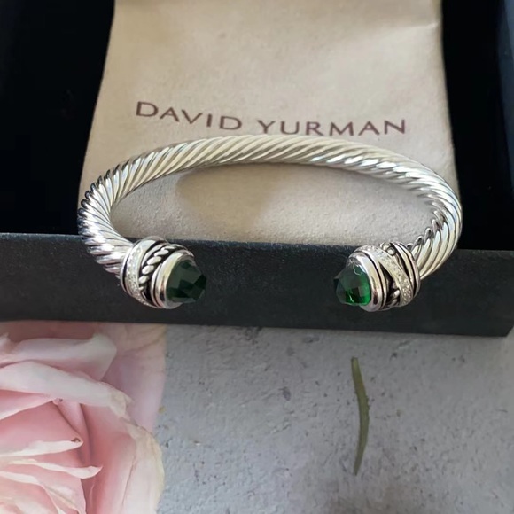 David Yurman Silver and Green Cable Bracelet Sz M